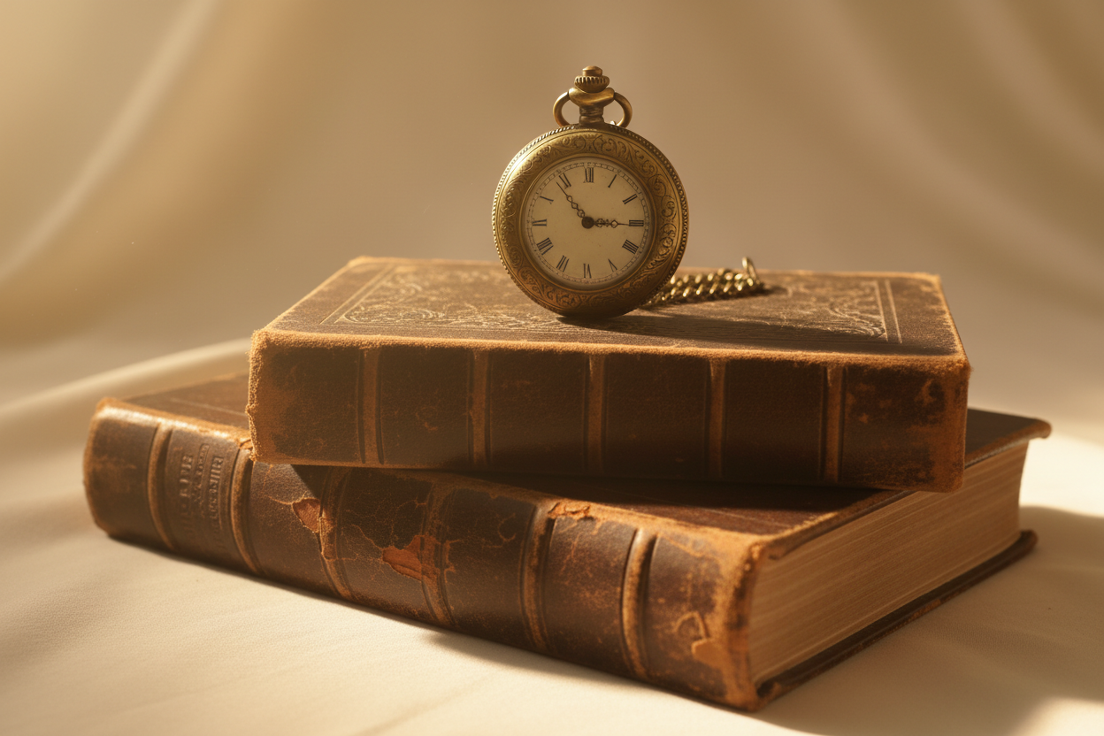 2 old brown books stacked on top of each other with a pocket watch on top of the books with a vintage cream background