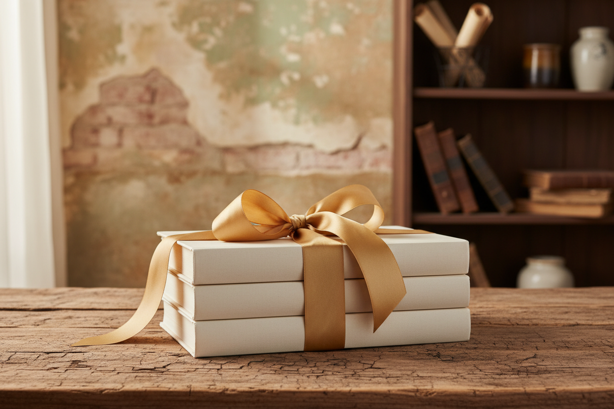 3 cream colored books stacked on top of each other wrapped with golden ribbon on top of a table with a vintage background
