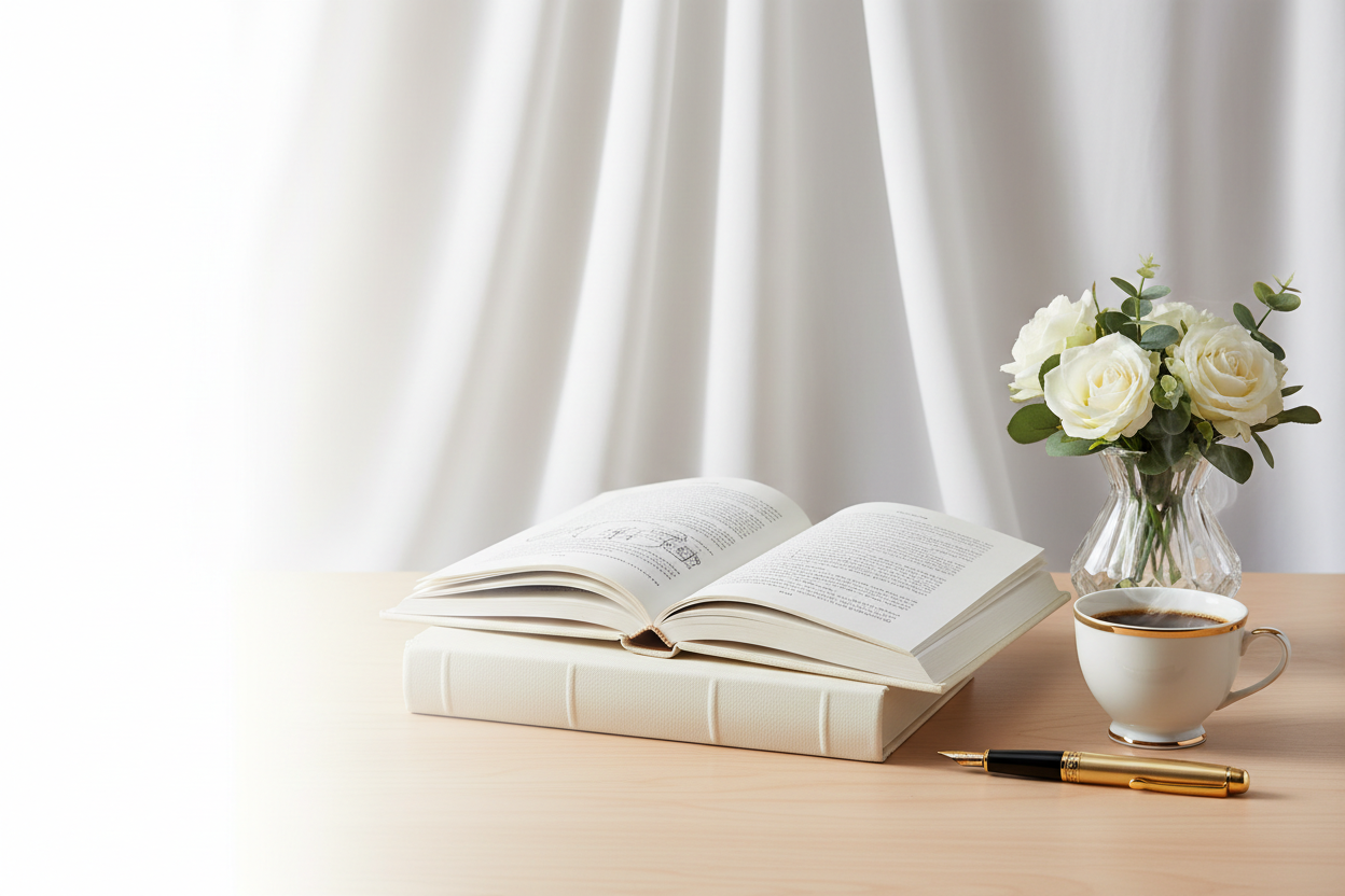 horizontal image for slider with faded left side white color, on the right side 2 books colored cream the first book below closed and on top the other open. On the right a golden pen and on the right of the pen a cup of coffee. On the back a crystal flower pot and on the background white drapes