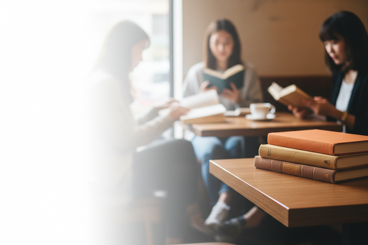 horizontal photo for slider. The left side until the middle of the photo a white faded background and on the right side modern books colored orange, gold and brown, on top of a table. The background is blurred and it is a cafe with people reading books. Please make the left side faded background more prominent.